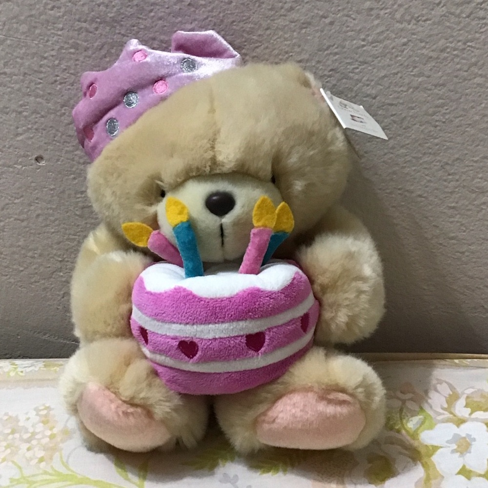 Plush Birthday Bear with Pink Cake and Hat - Soft Stuffed Toy